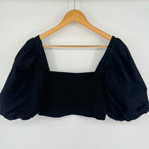 River Island Deep Black Gothic Cottagecore Shirred Square Neck Puff Sleeve Top